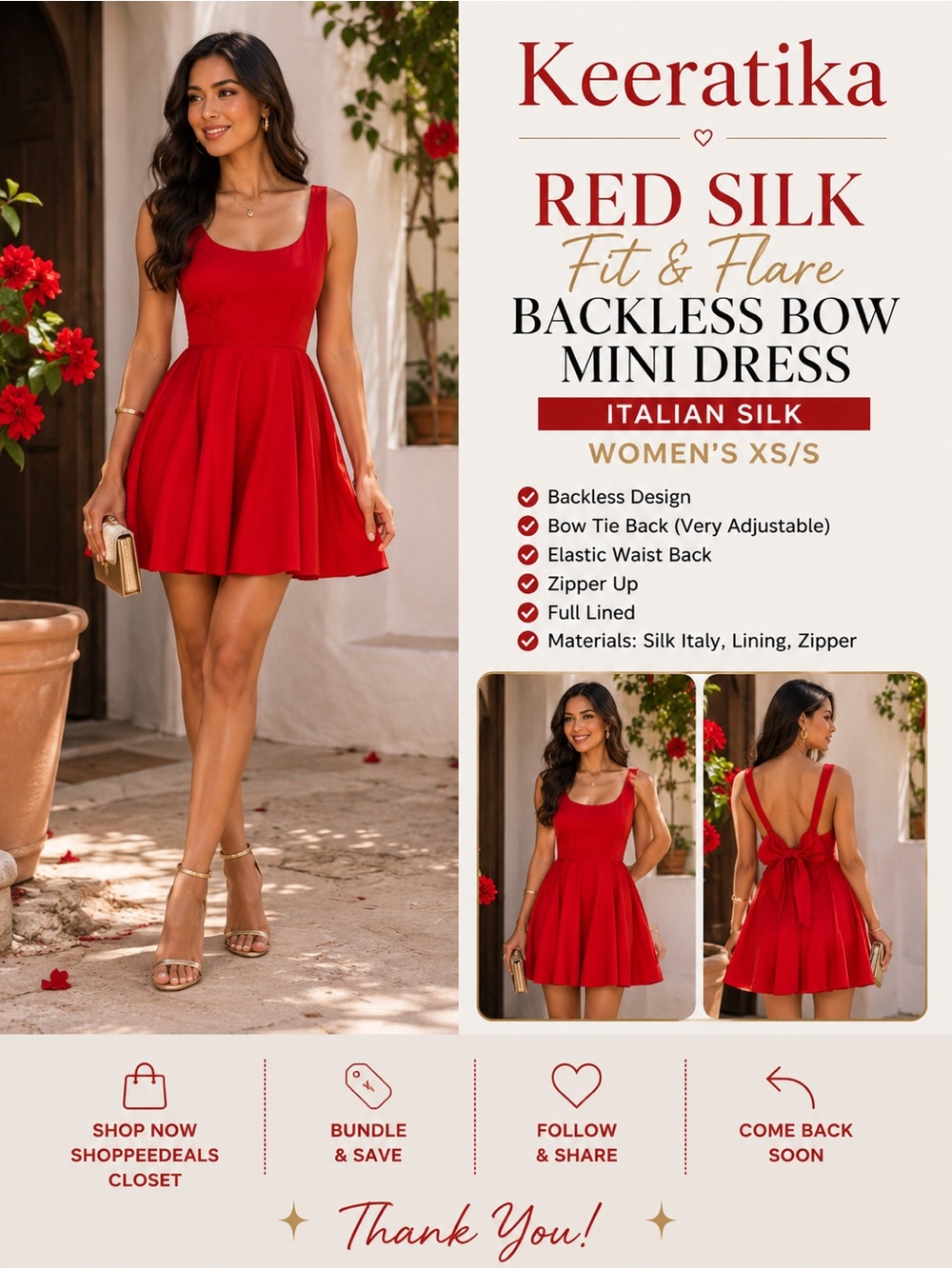 Keeratika Red Silk Fit & Flare Backless Bow Mini Dress | Italian Silk